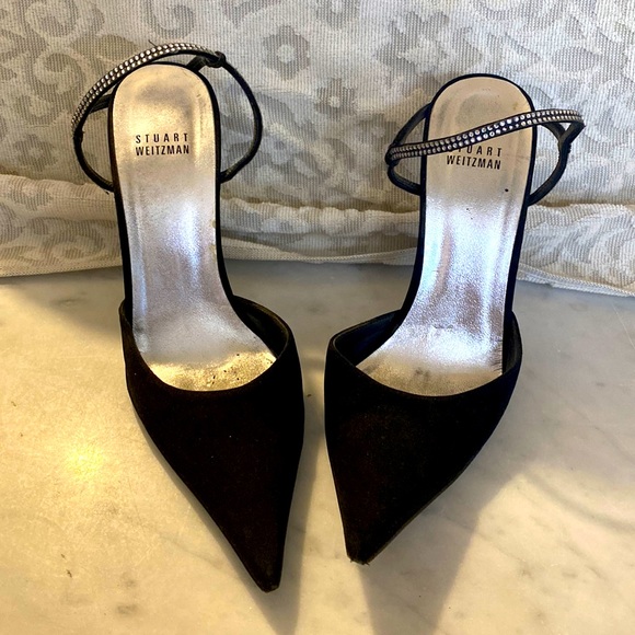 Stuart Weitzman Slingback Black heels with Diamond Ankle trim - Picture 1 of 5